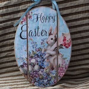 Happy Easter Bunny Floral Wood Wall Plaque - Blue